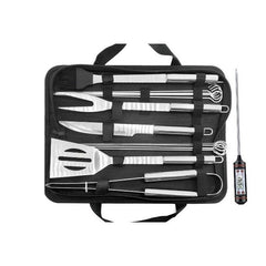Set 14 Ustensile pentru Gratar cu Termometru, Kadeny, din Otel Inoxidabil, Geanta Oxford, Argintiu