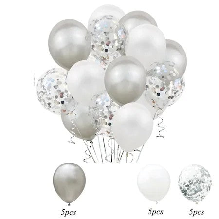 Set 15 baloane pentru petrecere, Kaveny, alb/argintiu, 30 cm