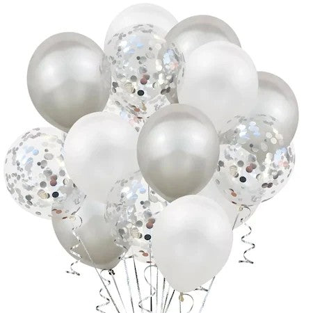 Set 15 baloane pentru petrecere, Kaveny, alb/argintiu, 30 cm