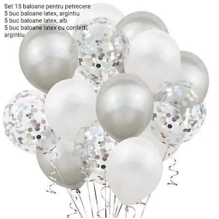 Set 15 baloane pentru petrecere, Kaveny, alb/argintiu, 30 cm