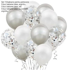 Set 15 baloane pentru petrecere, Kaveny, alb/argintiu, 30 cm
