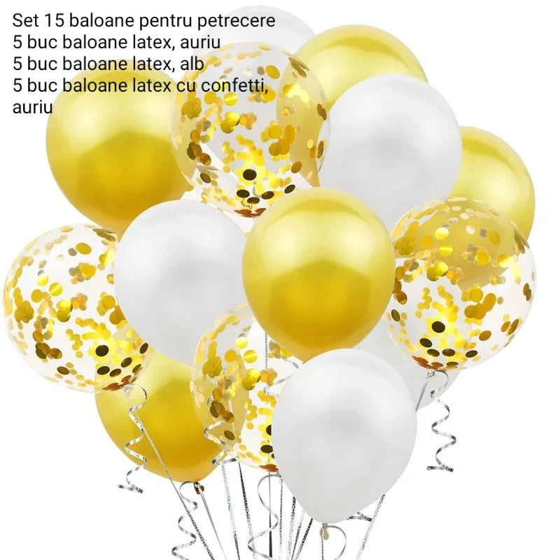 Set 15 baloane pentru petrecere, Kaveny, alb/auriu, 30 cm
