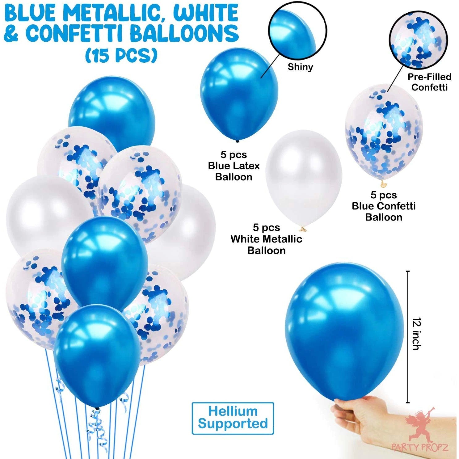 Set 15 baloane pentru petrecere, Kaveny, albastru/ alb, 30 cm