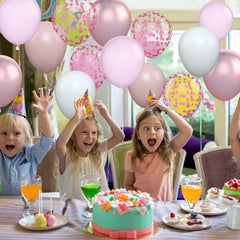 Set 16 Baloane din Latex Metalizate, Kaveny, Model Party, 30 cm, Alb, Roz, Roz Chrome, Transparent Confetti 2.8 g