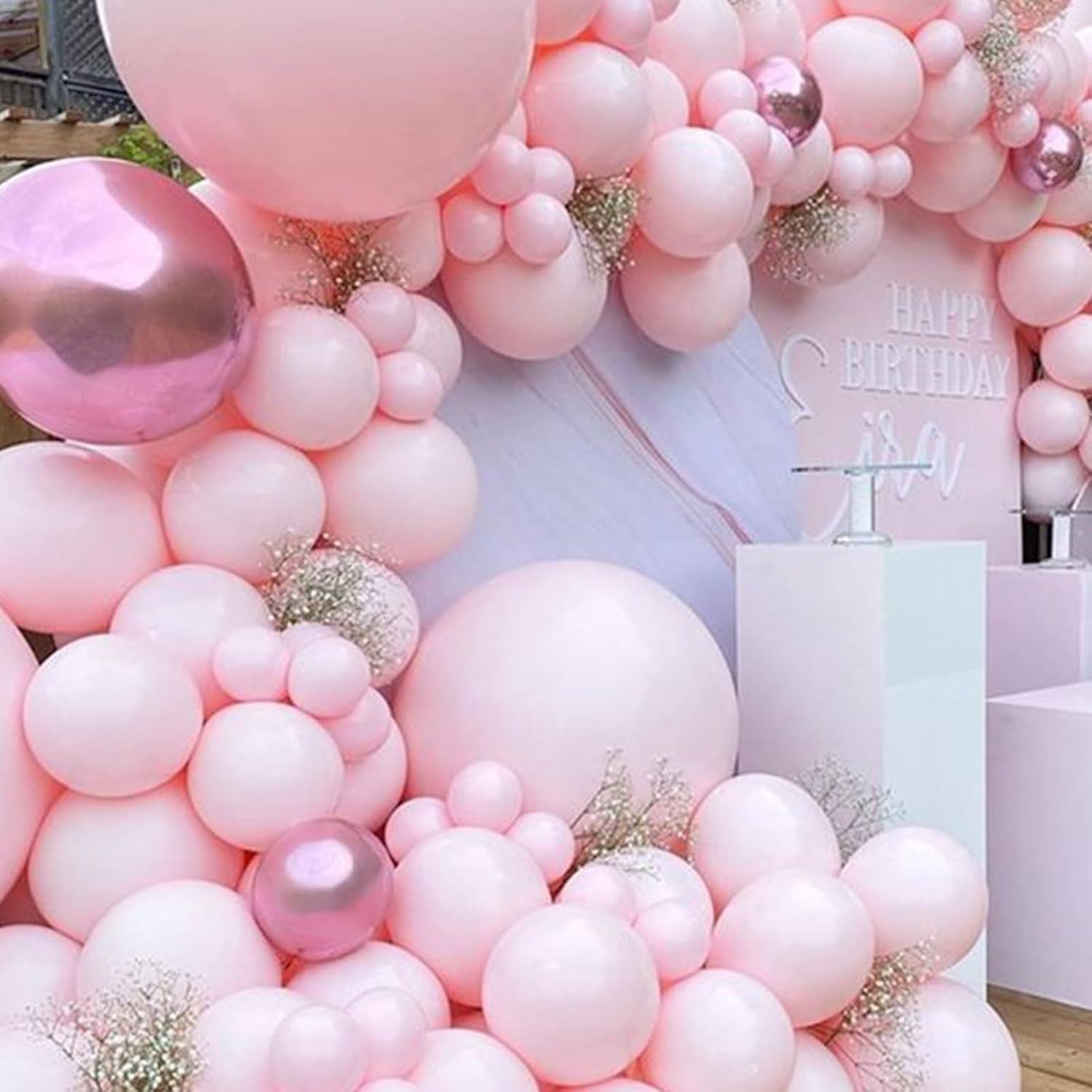 Set 16 Baloane din Latex Metalizate, Kaveny, Model Party, 30 cm, Alb, Roz, Roz Chrome, Transparent Confetti 2.8 g
