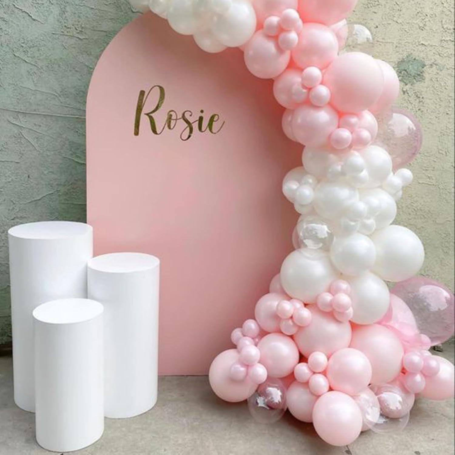 Set 16 Baloane din Latex Metalizate, Kaveny, Model Party, 30 cm, Alb, Roz, Roz Chrome, Transparent Confetti 2.8 g
