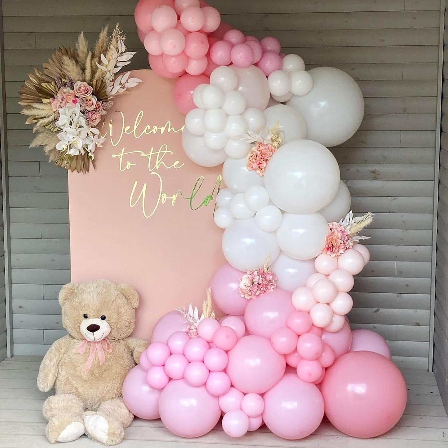 Set 16 Baloane din Latex Metalizate, Kaveny, Model Party, 30 cm, Alb, Roz, Roz Chrome, Transparent Confetti 2.8 g