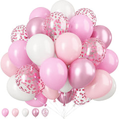 Set 16 Baloane din Latex Metalizate, Kaveny, Model Party, 30 cm, Alb, Roz, Roz Chrome, Transparent Confetti 2.8 g