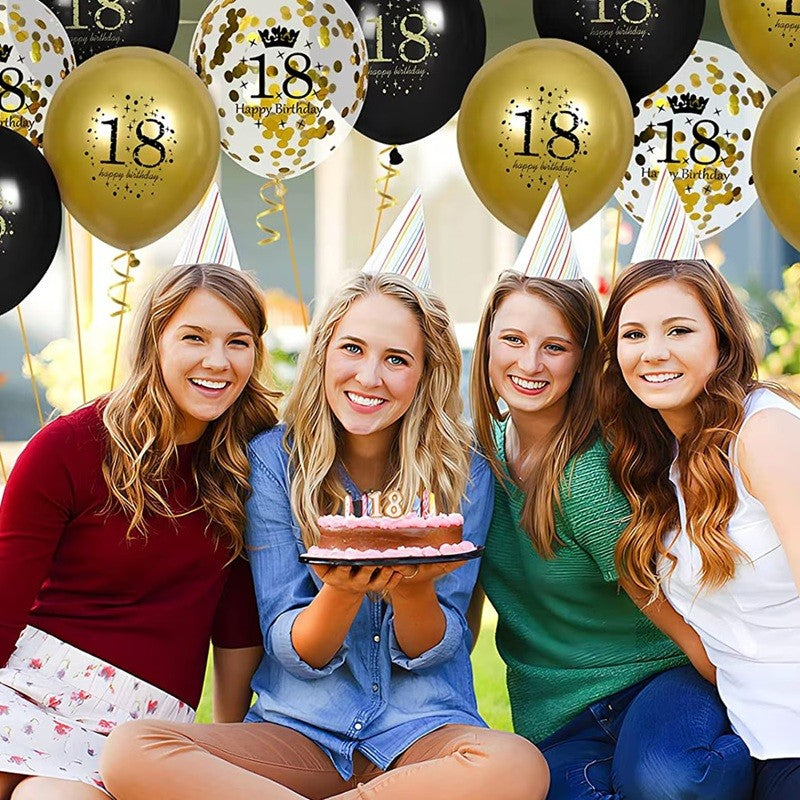 Set 18 Baloane Majorat, Kaveny, din Latex, Metalizate, Mesaj 18 Happy Birthday, 30 cm, cu Confetti, Auriu/Negru