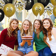 Set 18 Baloane Majorat, Kaveny, din Latex, Metalizate, Mesaj 18 Happy Birthday, 30 cm, cu Confetti, Auriu/Negru