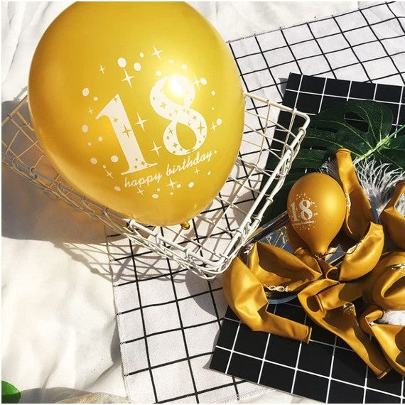 Set 18 Baloane Majorat, Kaveny, din Latex, Metalizate, Mesaj 18 Happy Birthday, 30 cm, cu Confetti, Auriu/Negru