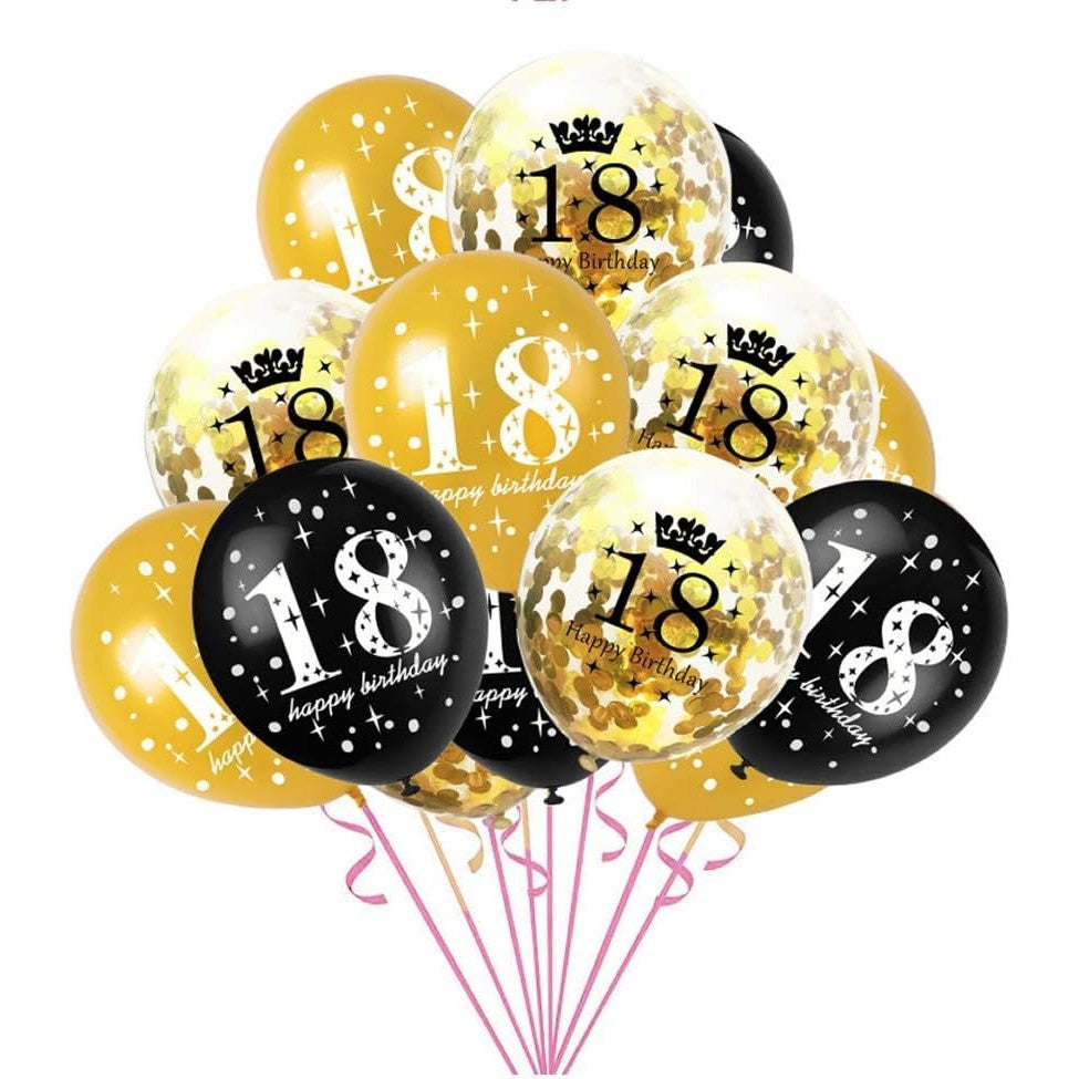Set 18 Baloane Majorat, Kaveny, din Latex, Metalizate, Mesaj 18 Happy Birthday, 30 cm, cu Confetti, Auriu/Negru