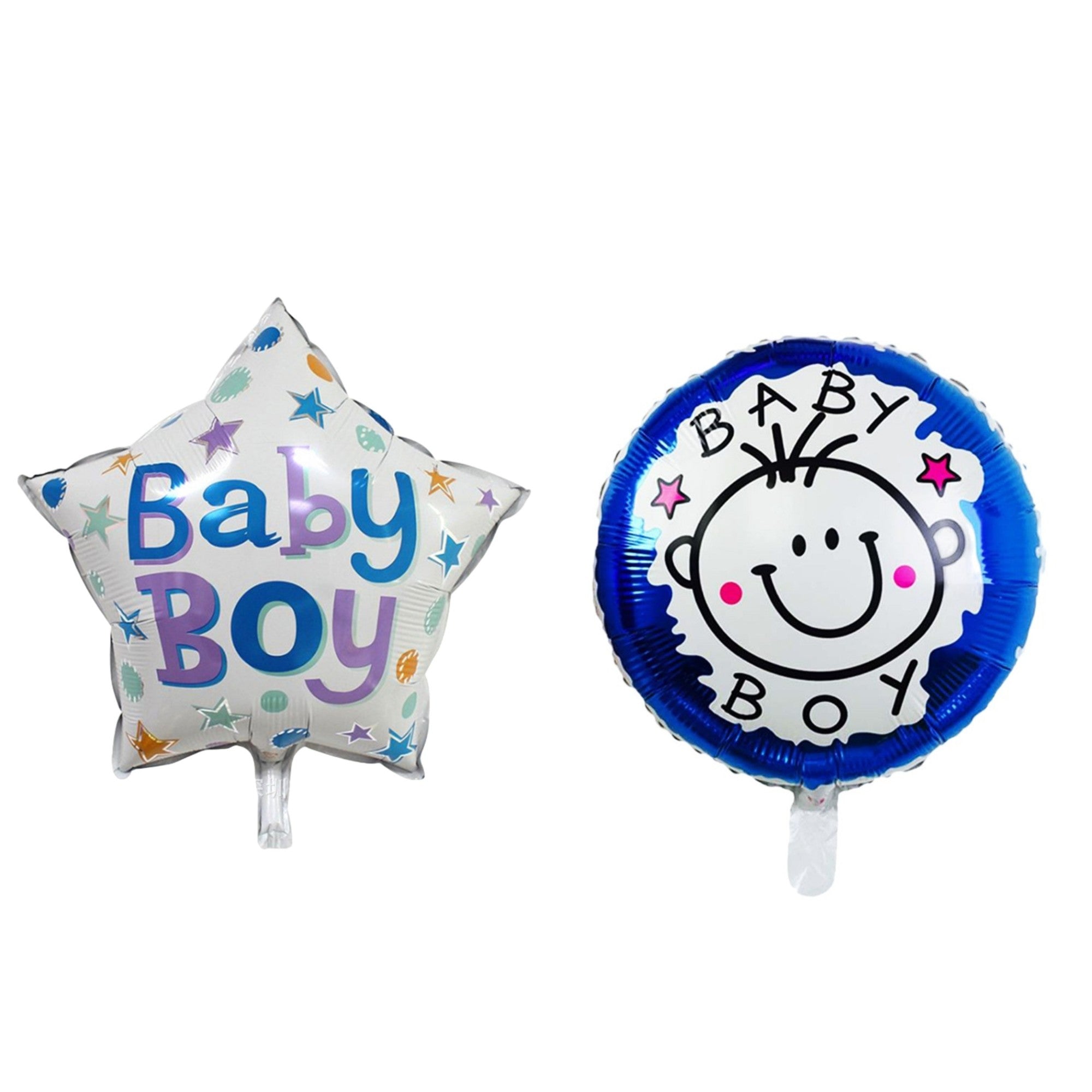 Set 2 Baloane din Folie Metalizata, Kaveny, Figurine Stea si Cerc, Tema Botez Baietel, 45 cm, Ambalaj Individual, Pai Inclus, Umflare cu Aer sau Heliu, Albastru