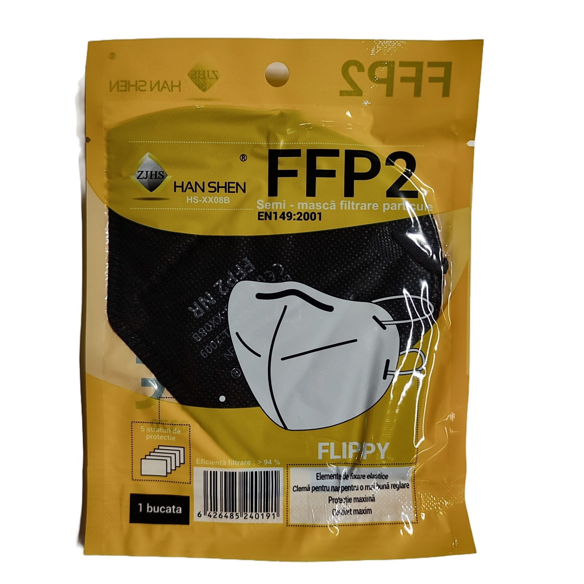 Set 2 bucati Masca de protectie faciala, Kaveny, de unica folosinta pentru adulti, FFP2, KN95 CE 0370, 5 straturi, nesterila, ambalaj individual, Negru