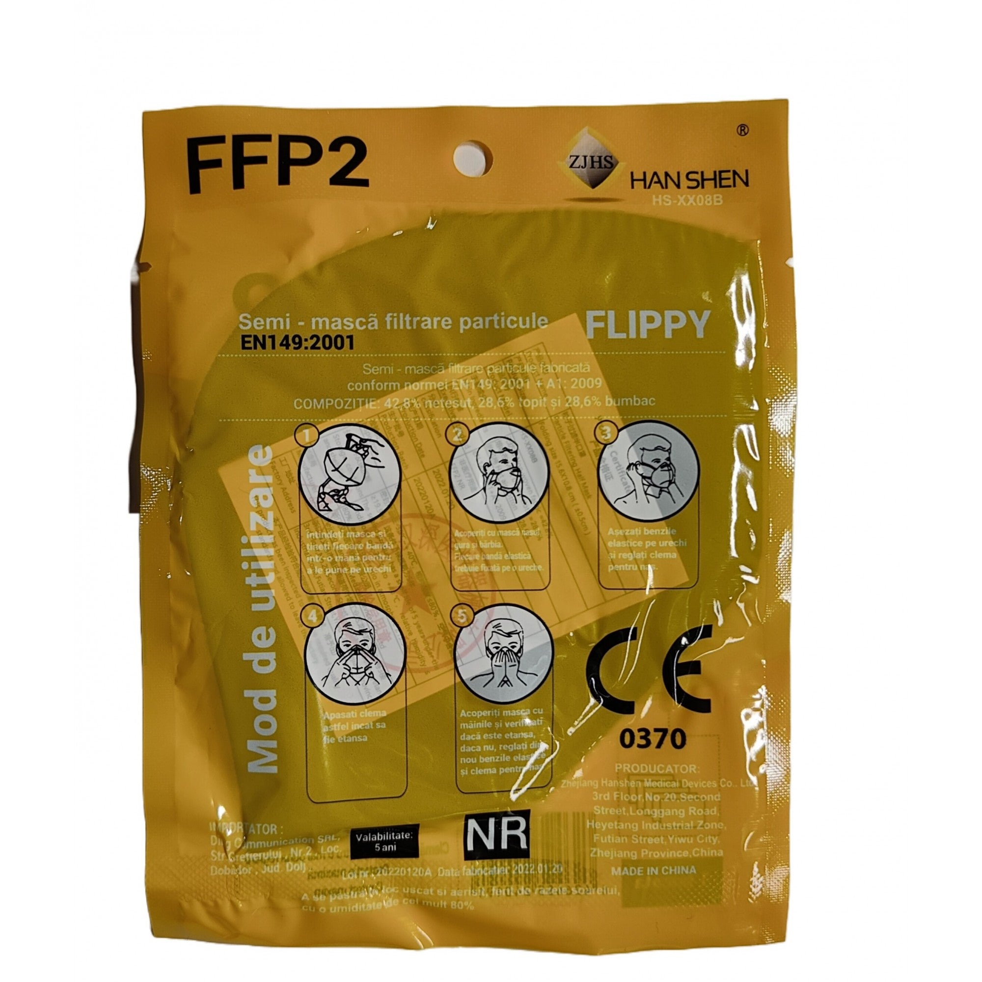 Set 2 bucati Masca de protectie faciala, Kaveny, de unica folosinta pentru adulti, FFP2, KN95 CE 0370, 5 straturi, nesterila, ambalaj individual, Negru