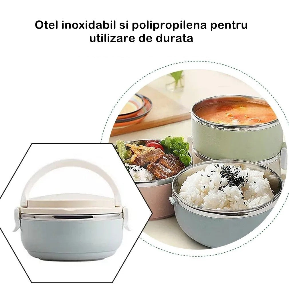 Set 2 Caserole pentru alimente Kaveny, lunch box, 1400 ml, otel inoxidabil, maner, valva aerisire, 15.5 x 15 cm, inchidere etansa, multicolor