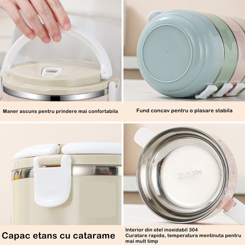 Set 2 Caserole pentru alimente Kaveny, lunch box, 1400 ml, otel inoxidabil, maner, valva aerisire, 15.5 x 15 cm, inchidere etansa, multicolor