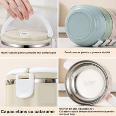 Set 2 Caserole pentru alimente Kaveny, lunch box, 1400 ml, otel inoxidabil, maner, valva aerisire, 15.5 x 15 cm, inchidere etansa, multicolor