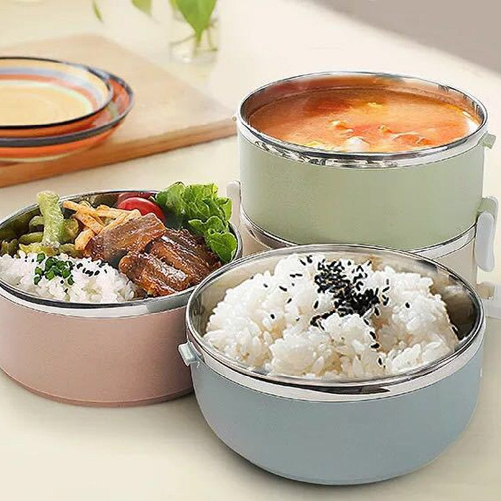 Set 2 Caserole pentru alimente Kaveny, lunch box, 1400 ml, otel inoxidabil, maner, valva aerisire, 15.5 x 15 cm, inchidere etansa, multicolor