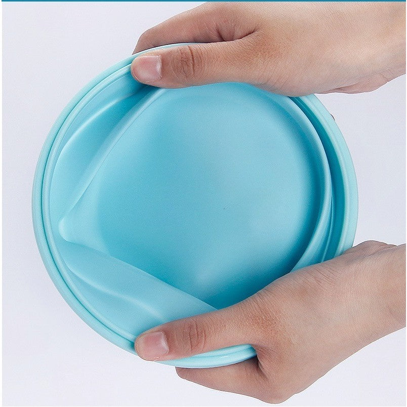 Set 2 caserole rotunde pliabile Kaveny, din silicon, rezistenta la temperaturi ridicate, usor de depozitat si curatat, 500 si 800 ml, utilizare in cuptorul cu microunde, albastra