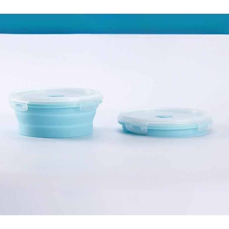Set 2 caserole rotunde pliabile Kaveny, din silicon, rezistenta la temperaturi ridicate, usor de depozitat si curatat, 500 si 800 ml, utilizare in cuptorul cu microunde, albastra