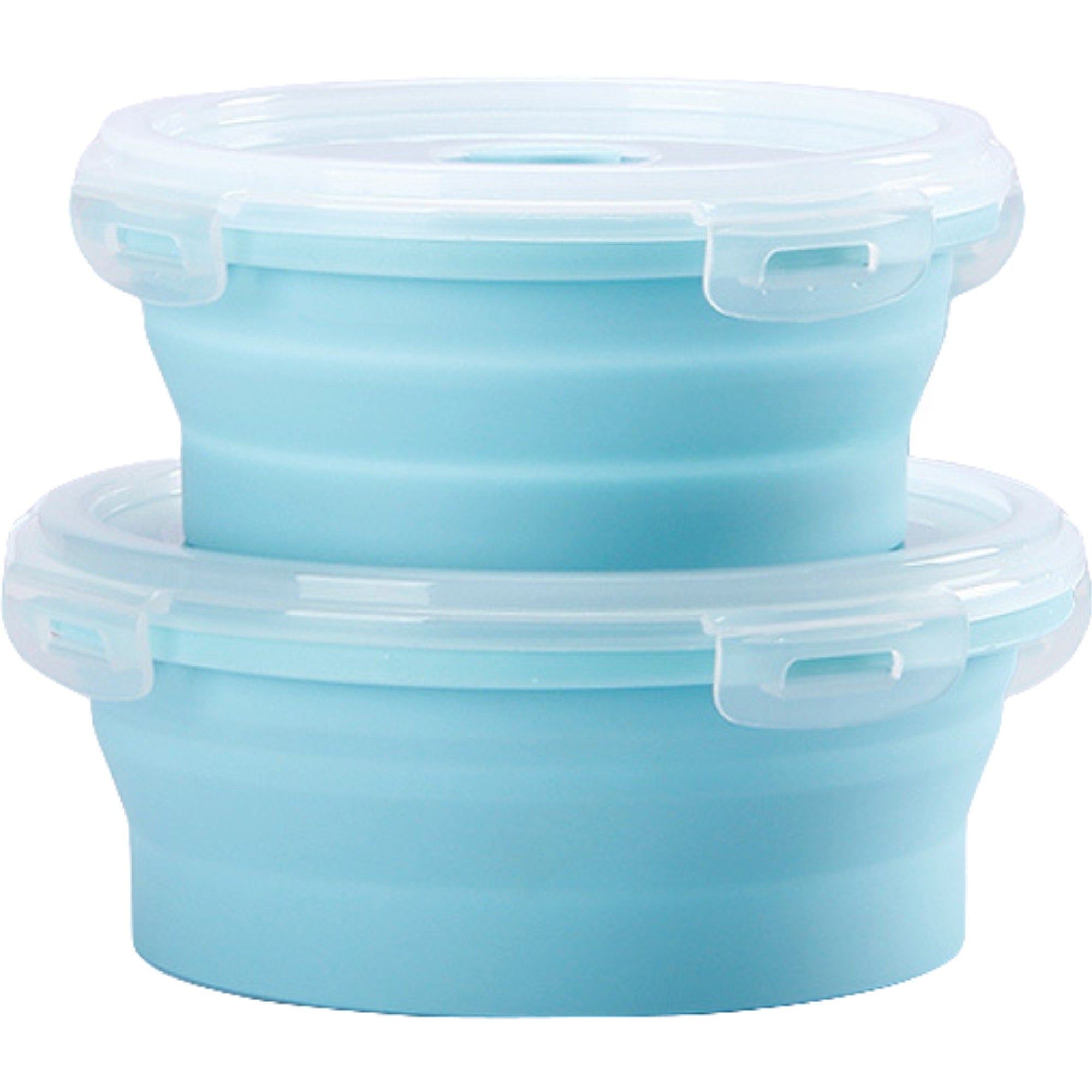Set 2 caserole rotunde pliabile Kaveny, din silicon, rezistenta la temperaturi ridicate, usor de depozitat si curatat, 500 si 800 ml, utilizare in cuptorul cu microunde, albastra