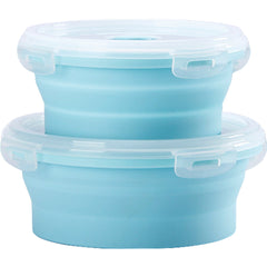 Set 2 caserole rotunde pliabile Kaveny, din silicon, rezistenta la temperaturi ridicate, usor de depozitat si curatat, 500 si 800 ml, utilizare in cuptorul cu microunde, albastra