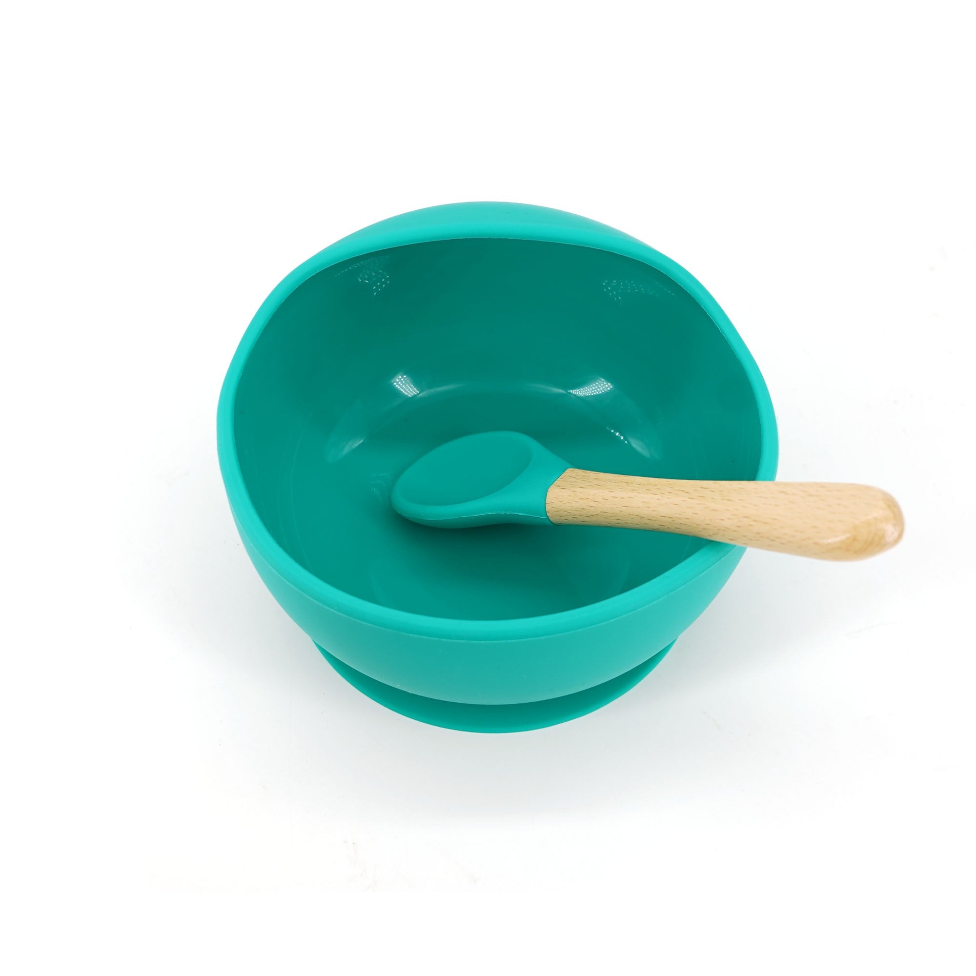 Set 2 piese diversificare bebelusi si copii din silicon Kaveny, bol cu ventuza, lingurita din lemn si silicon, pentru gustari, fara alergeni, verde