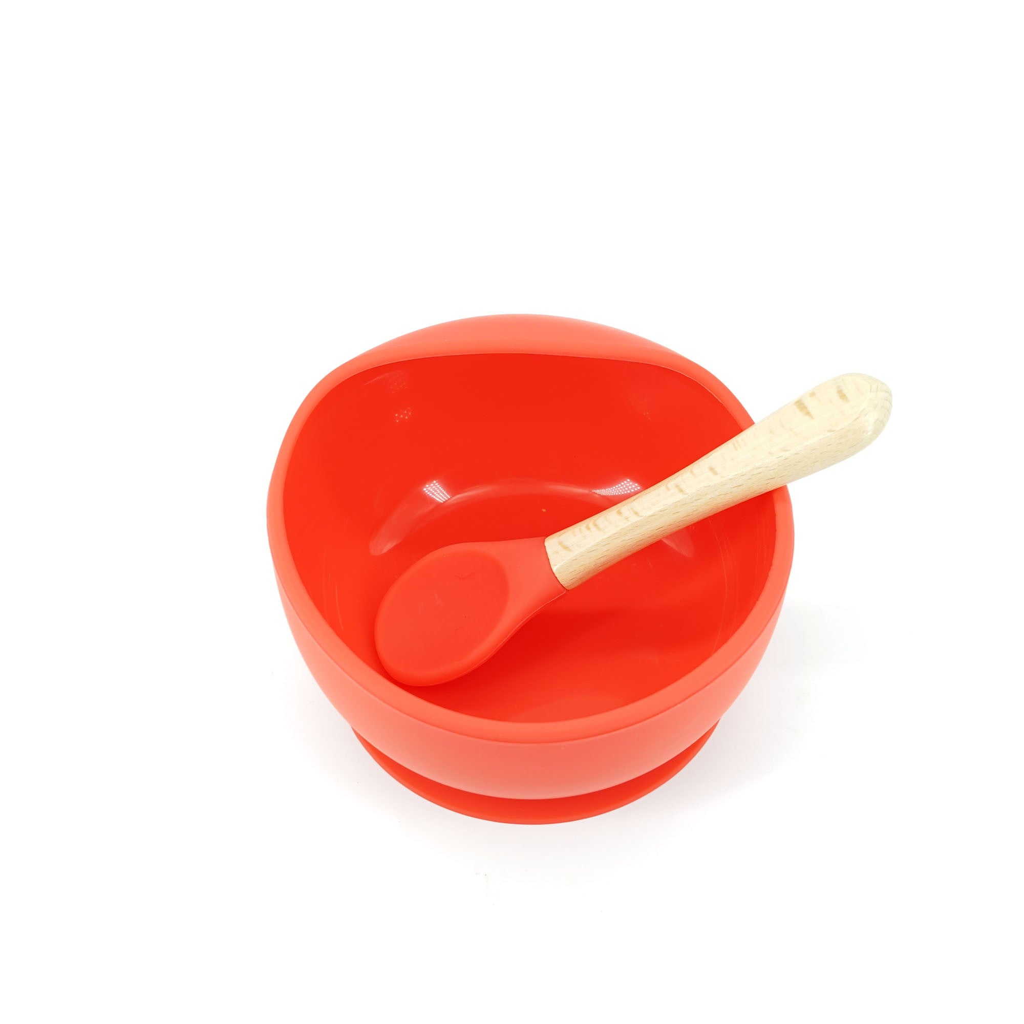 Set 2 piese diversificare bebelusi si copii din silicon Kaveny, bol cu ventuza, lingurita din lemn si silicon, pentru gustari, fara alergeni, rosu
