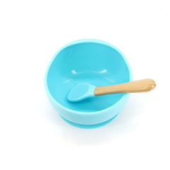 Set 2 piese diversificare bebelusi si copii din silicon Kaveny, bol cu ventuza, lingurita din lemn si silicon, pentru gustari, fara alergeni, albastru
