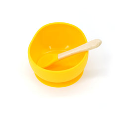 Set 2 piese diversificare bebelusi si copii din silicon Kaveny, bol cu ventuza, lingurita din lemn si silicon, pentru gustari, fara alergeni, galben
