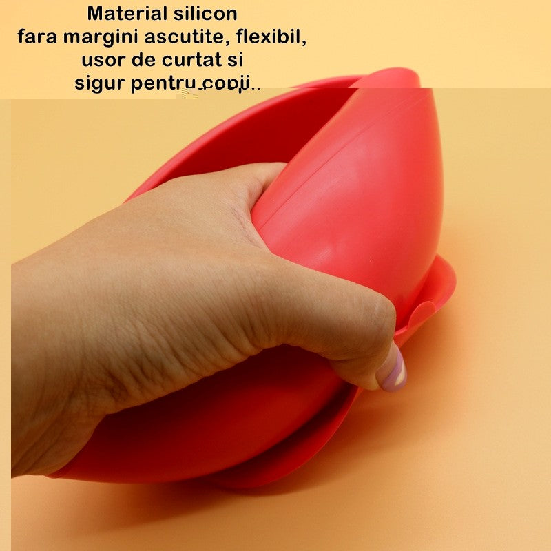 Set 2 piese diversificare bebelusi si copii din silicon Kaveny, bol cu ventuza, lingurita din lemn si silicon, pentru gustari, fara alergeni, rosu