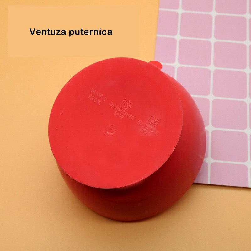 Set 2 piese diversificare bebelusi si copii din silicon Kaveny, bol cu ventuza, lingurita din lemn si silicon, pentru gustari, fara alergeni, rosu