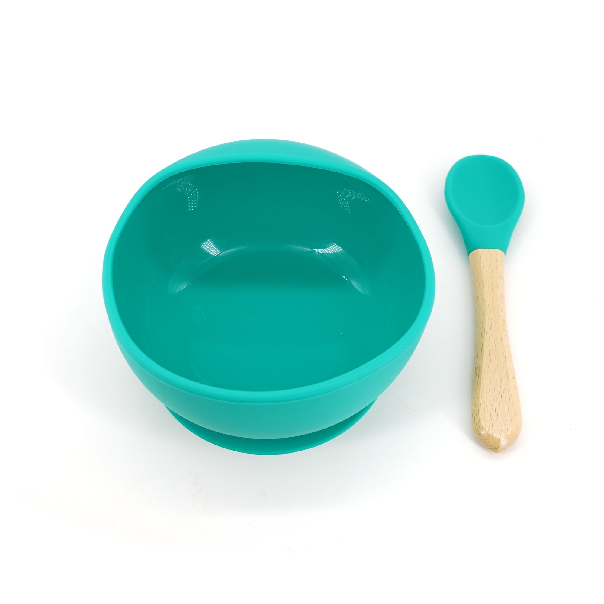 Set 2 piese diversificare bebelusi si copii din silicon Kaveny, bol cu ventuza, lingurita din lemn si silicon, pentru gustari, fara alergeni, verde