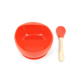 Set 2 piese diversificare bebelusi si copii din silicon Kaveny, bol cu ventuza, lingurita din lemn si silicon, pentru gustari, fara alergeni, rosu
