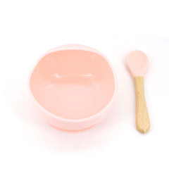 Set 2 piese diversificare bebelusi si copii din silicon Kaveny, bol cu ventuza, lingurita din lemn si silicon, pentru gustari, fara alergeni, roz