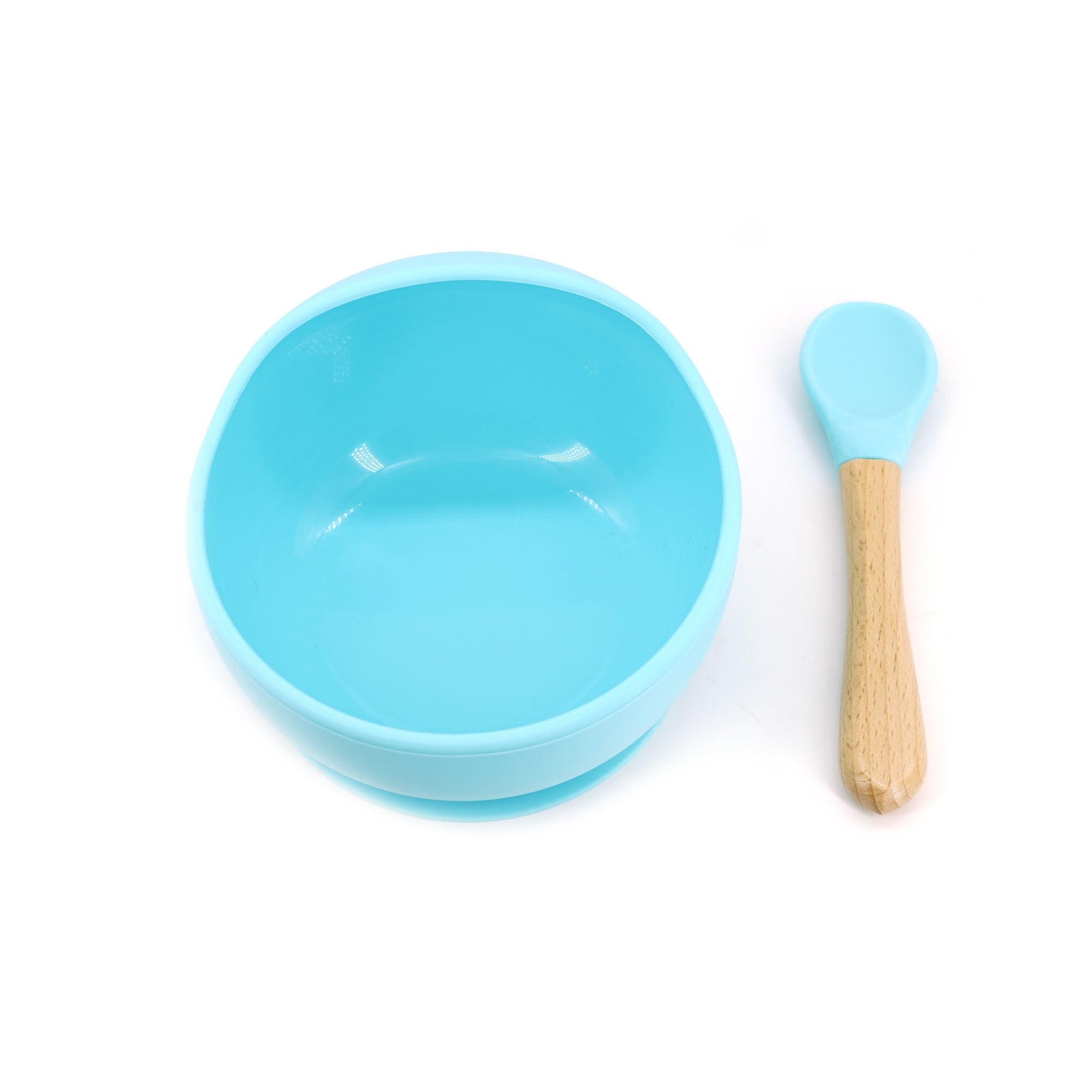 Set 2 piese diversificare bebelusi si copii din silicon Kaveny, bol cu ventuza, lingurita din lemn si silicon, pentru gustari, fara alergeni, albastru