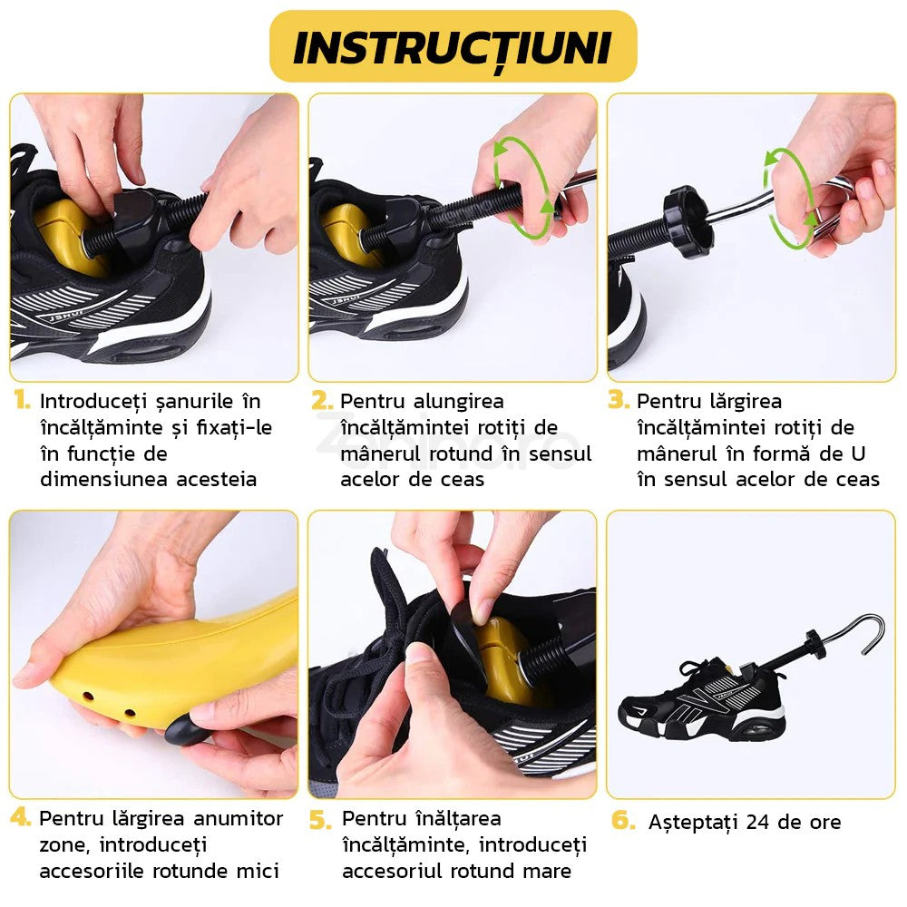 Set 2 Sanuri/Calapoade Reglabilile, Kaveny, pentru Alungit si Largit Pantofi, Geanta si Incaltator Incluse, Universale, Unisex, din ABS Premium, Arc, Marime 35 - 42, Galben/Negru