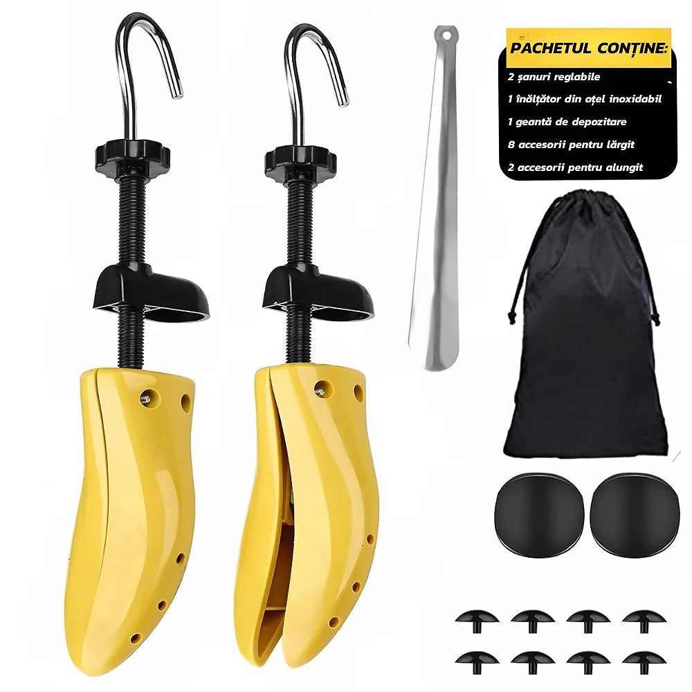 Set 2 Sanuri/Calapoade Reglabilile, Kaveny, pentru Alungit si Largit Pantofi, Geanta si Incaltator Incluse, Universale, Unisex, din ABS Premium, Arc, Marime 40 - 47, Galben/Negru