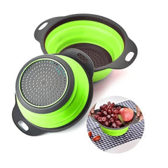 Set 2 strecuratori pliabile din silicon alimentar Kaveny, cu manere, fund antiaderent si antialunecare, rotunda, doua dimensiuni, usor de depozitat, compatibil cu masina de spalat vase, verde