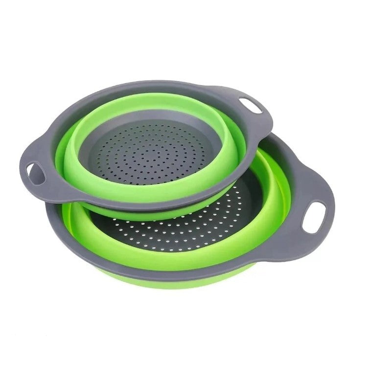 Set 2 strecuratori pliabile din silicon alimentar Kaveny, cu manere, fund antiaderent si antialunecare, rotunda, doua dimensiuni, usor de depozitat, compatibil cu masina de spalat vase, verde