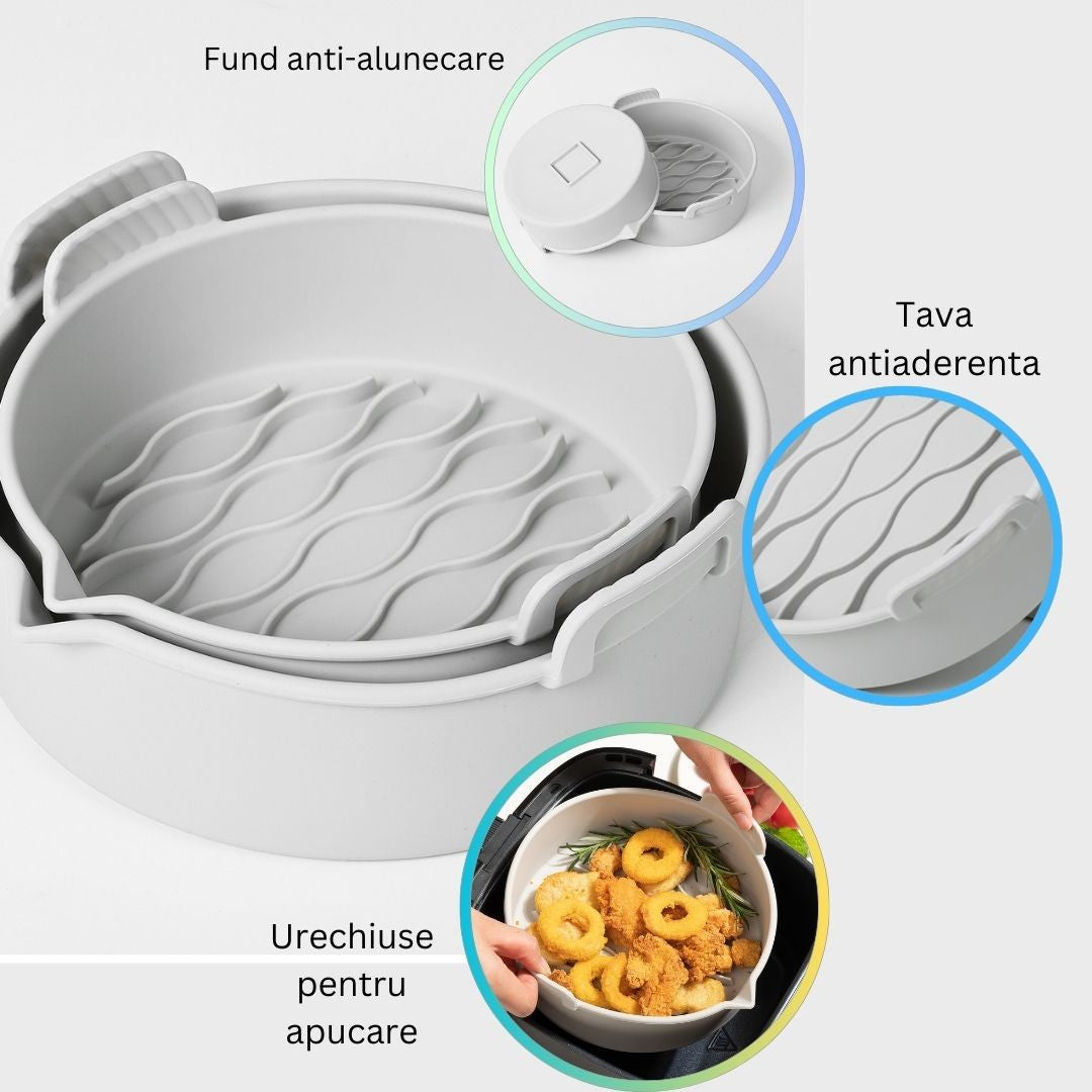 Set 2 tavi din silicon ecologic pentru air fryer Kaveny, temperatura maxima 230 grade, reutilizabile, reciclabile, cu manere anti-alunecare, fund antiaderent, 18.7 x 19.5 x 7 cm, gri