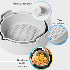 Set 2 tavi din silicon ecologic pentru air fryer Kaveny, temperatura maxima 230 grade, reutilizabile, reciclabile, cu manere anti-alunecare, fund antiaderent, 18.7 x 19.5 x 7 cm, gri