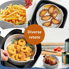 Set 2 tavi din silicon ecologic pentru air fryer Kaveny, temperatura maxima 230 grade, reutilizabile, reciclabile, cu manere anti-alunecare, fund antiaderent, 18.7 x 19.5 x 7 cm, gri