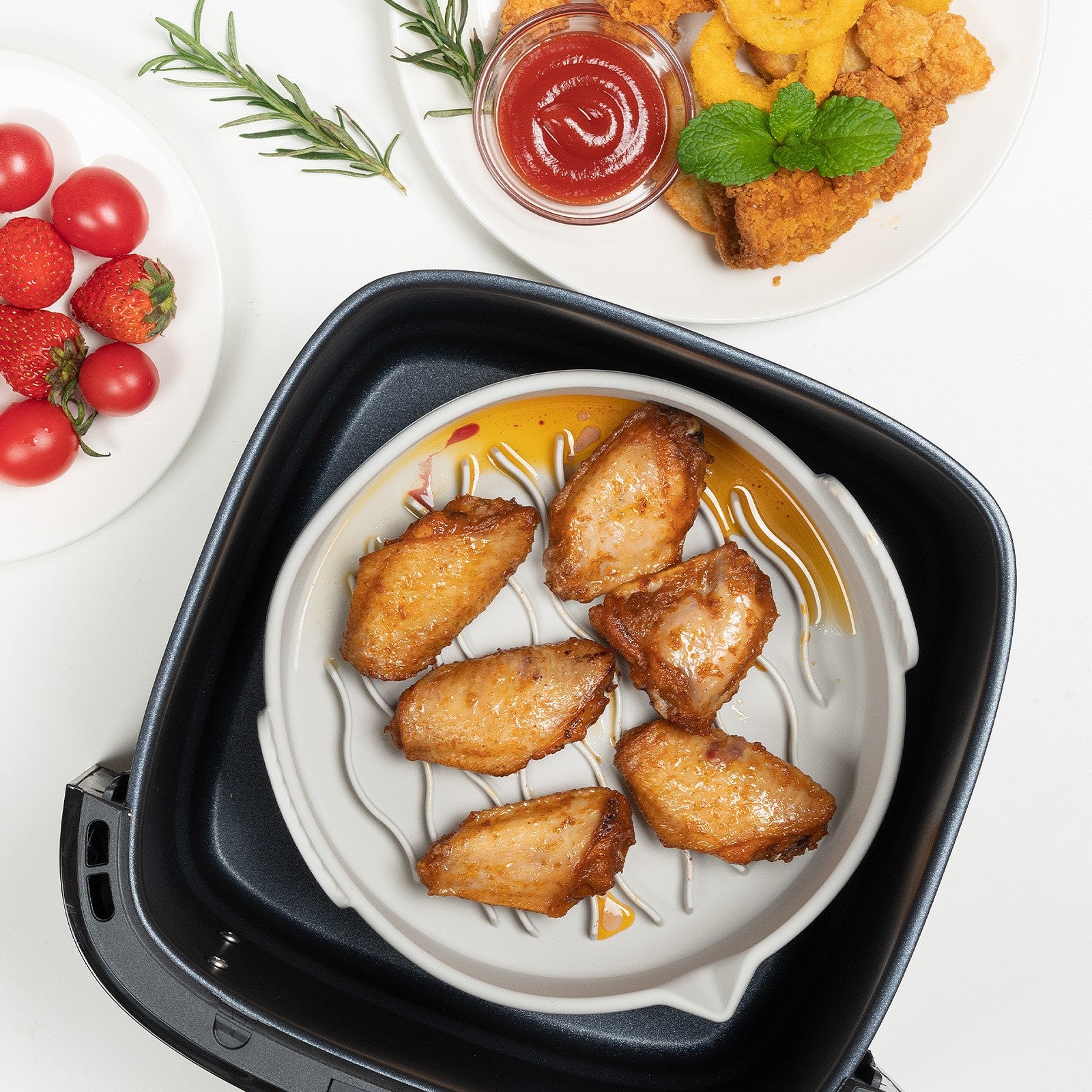 Set 2 tavi din silicon ecologic pentru air fryer Kaveny, temperatura maxima 230 grade, reutilizabile, reciclabile, cu manere anti-alunecare, fund antiaderent, 18.7 x 19.5 x 7 cm, gri