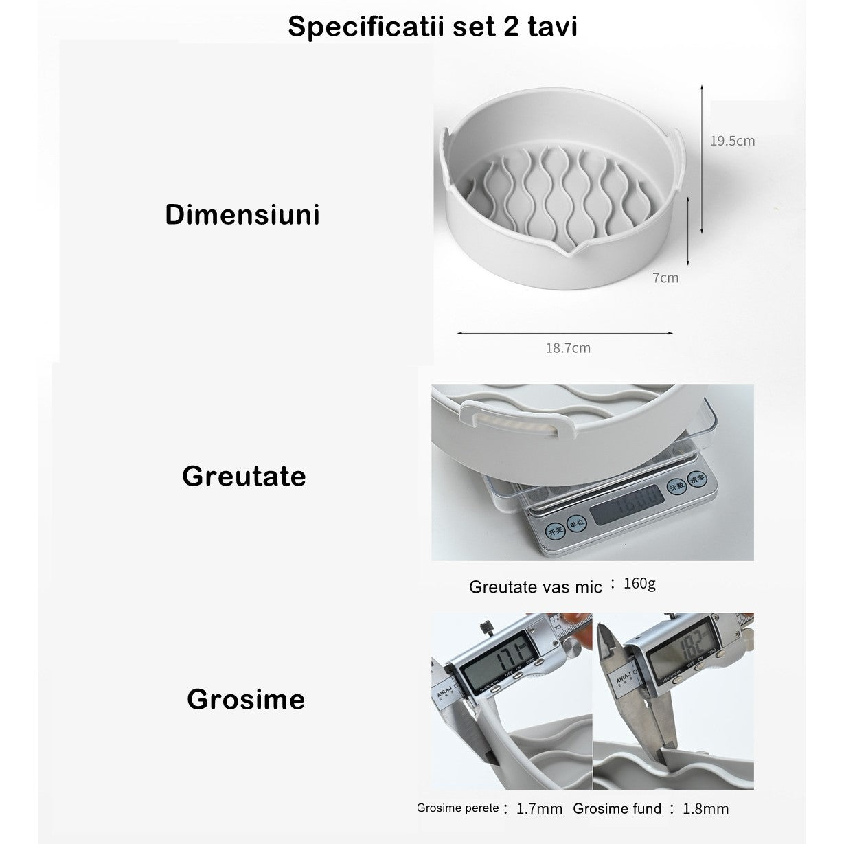 Set 2 tavi din silicon ecologic pentru air fryer Kaveny, temperatura maxima 230 grade, reutilizabile, reciclabile, cu manere anti-alunecare, fund antiaderent, 18.7 x 19.5 x 7 cm, gri
