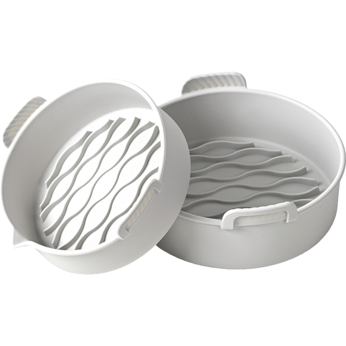 Set 2 tavi din silicon ecologic pentru air fryer Kaveny, temperatura maxima 230 grade, reutilizabile, reciclabile, cu manere anti-alunecare, fund antiaderent, 18.7 x 19.5 x 7 cm, gri