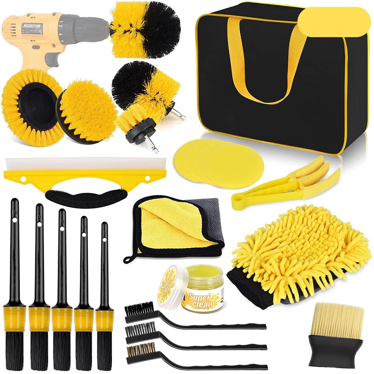 Set 23 Accesorii pentru Curatare Auto, Kadeny, din PP si Microfibra, Interior/Exterior, 30 x 24 x 12 cm, Galben/Negru