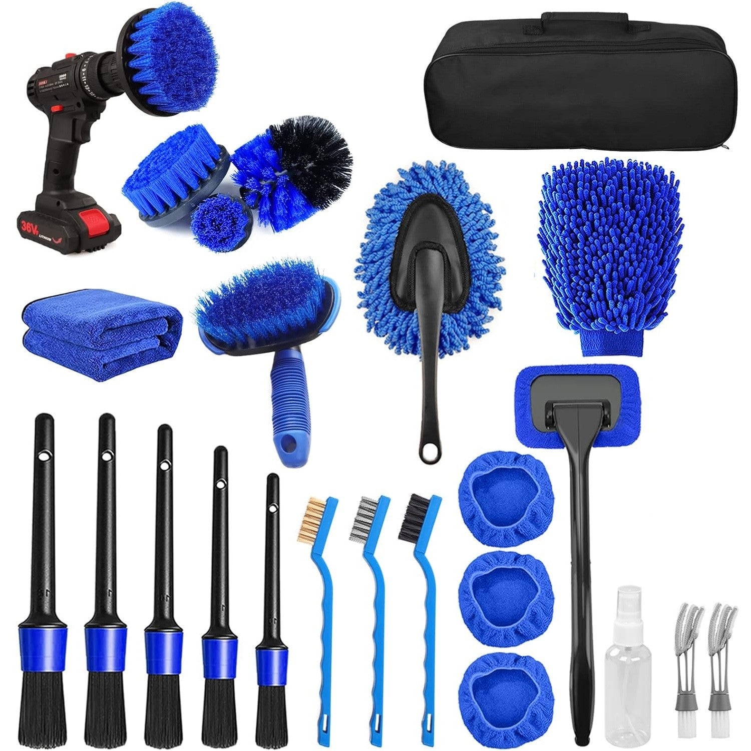 Set 25 Accesorii pentru Curatare Auto, Kadeny, din PP si Microfibra, Interior/Exterior, 30 x 24 x 12 cm, Albastru/Negru