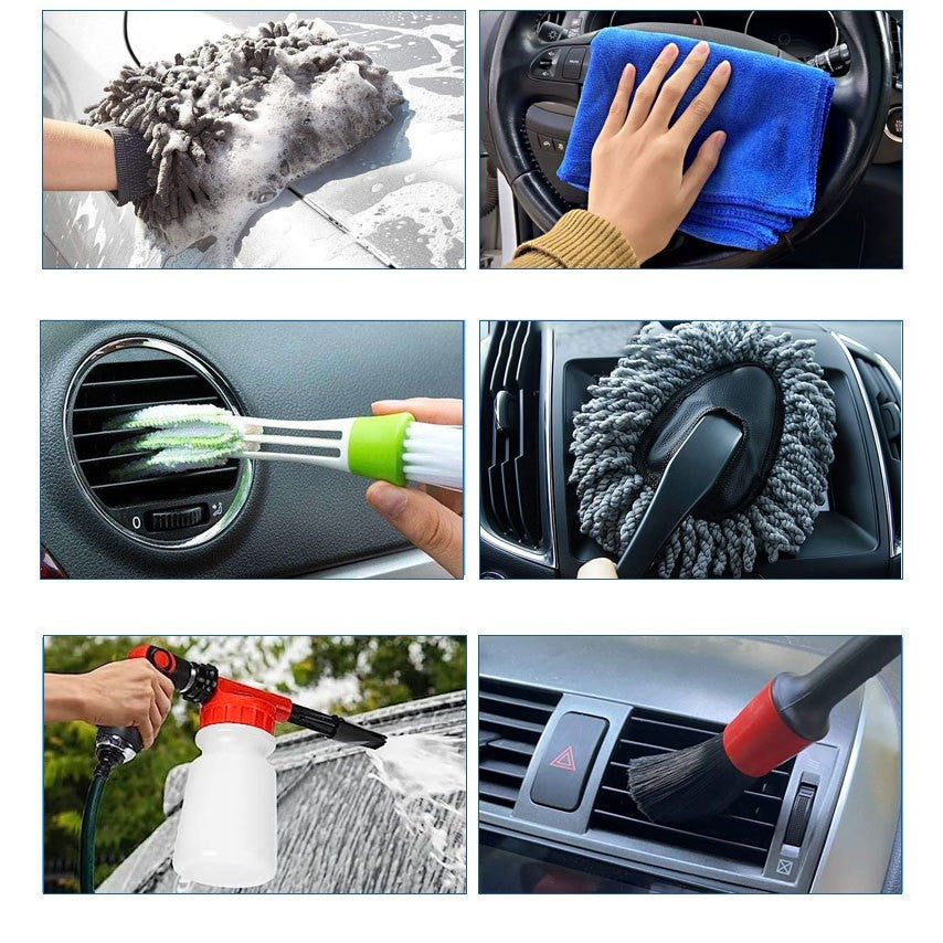 Set 26 Accesorii pentru Curatare Auto, Kadeny, din PP si Microfibra, Interior/Exterior, 30.5 x 27.5 x 16 cm, Galben/Negru